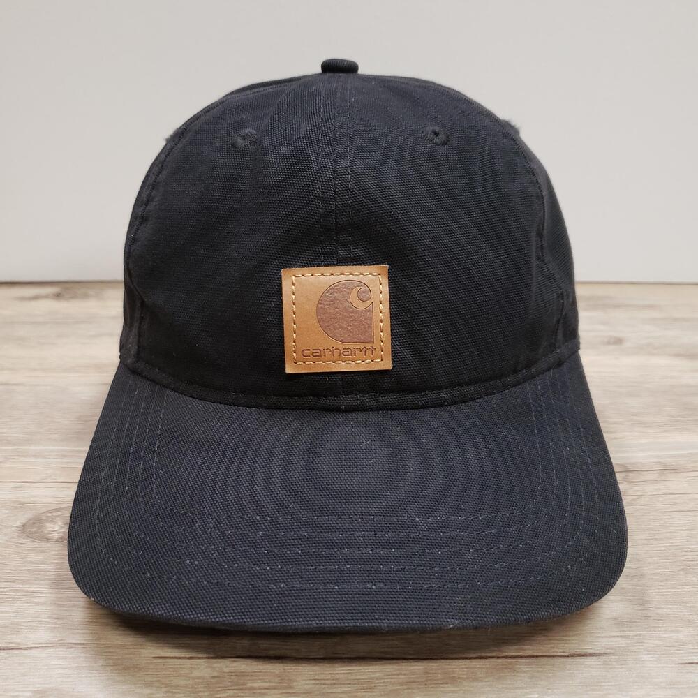 Carhartt Hat Cap Strap Back Black Canvas Cotton Mens Leather Patch Logo Adj
